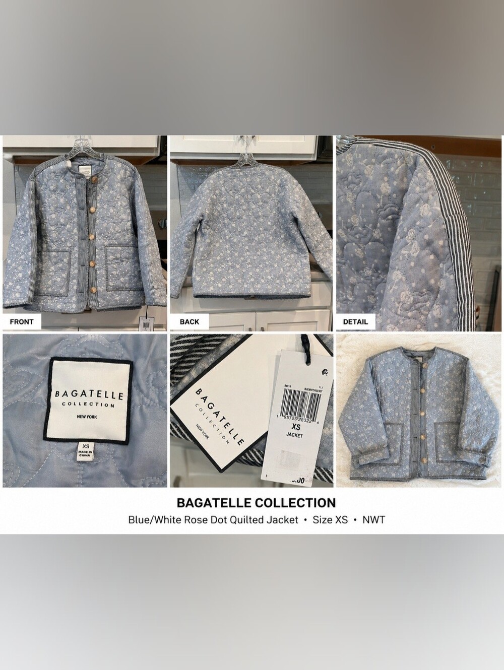 Bagatelle Light Blue Rose Quilted Jacket NWT x-small